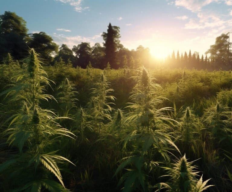 Solnedgång över ett fält med cannabisplantor