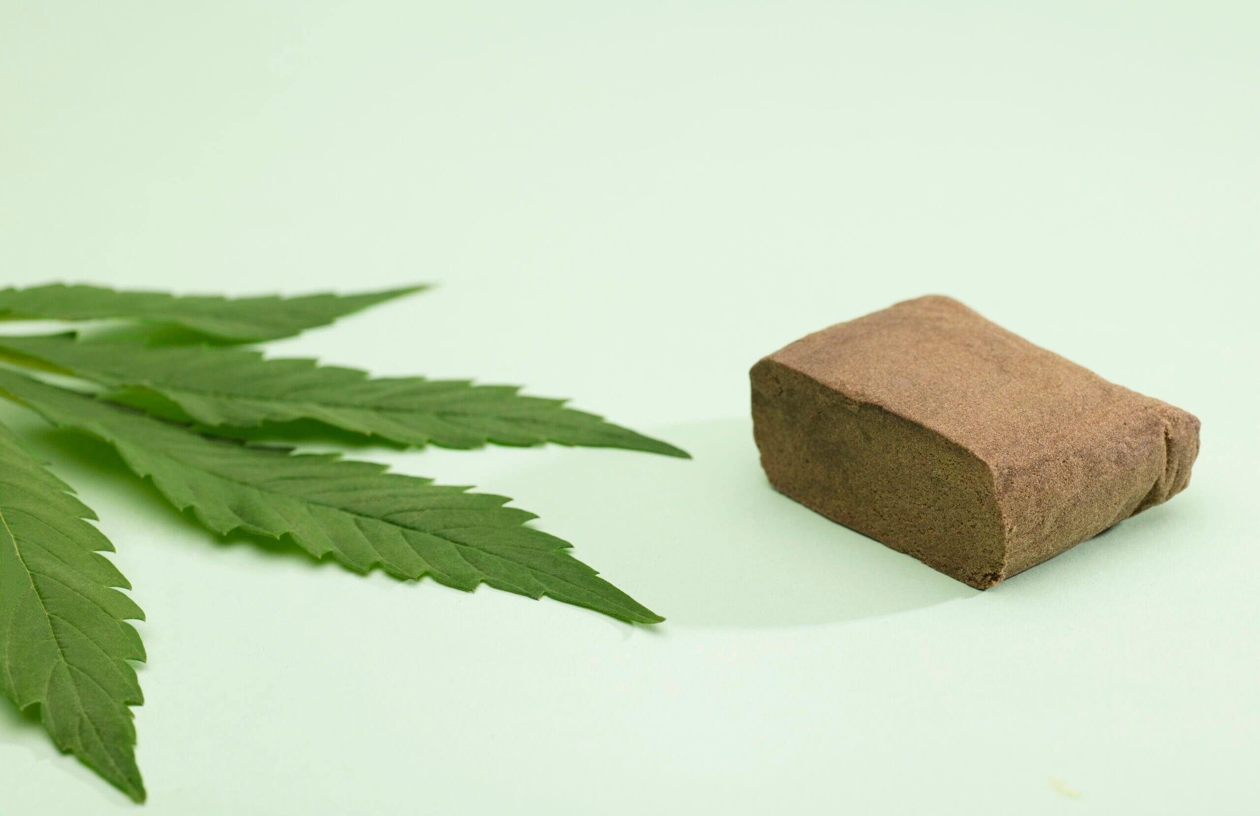 En bit pressat hasch bredvid ett cannabisblad
