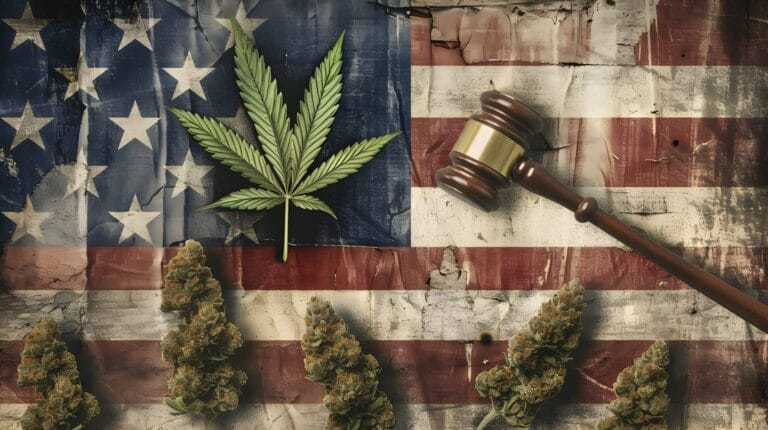 Cannabisblad, cannabistoppar och en domarklubba på en amerikansk flagga