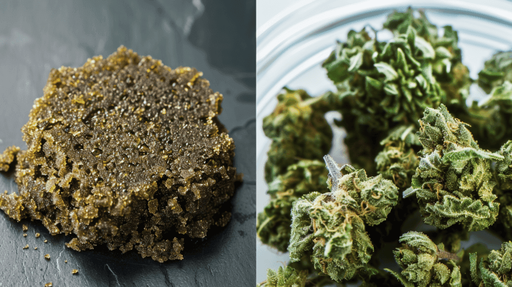 CBD Hasch till vänster och cbd-blommor till höger