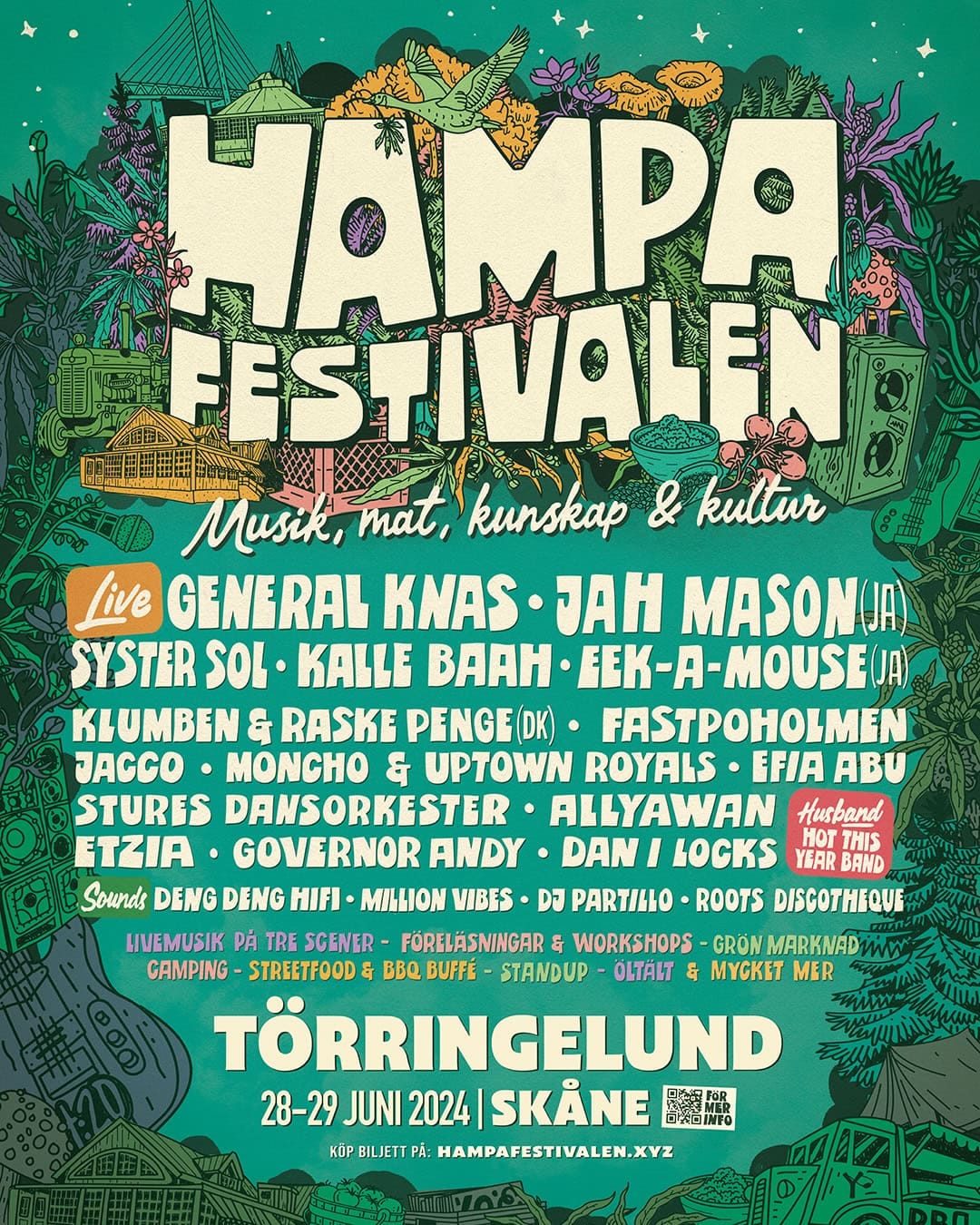 Affisch för Hampafestivalen i Törringelund 28–29 juni 2024 med festivalens artister