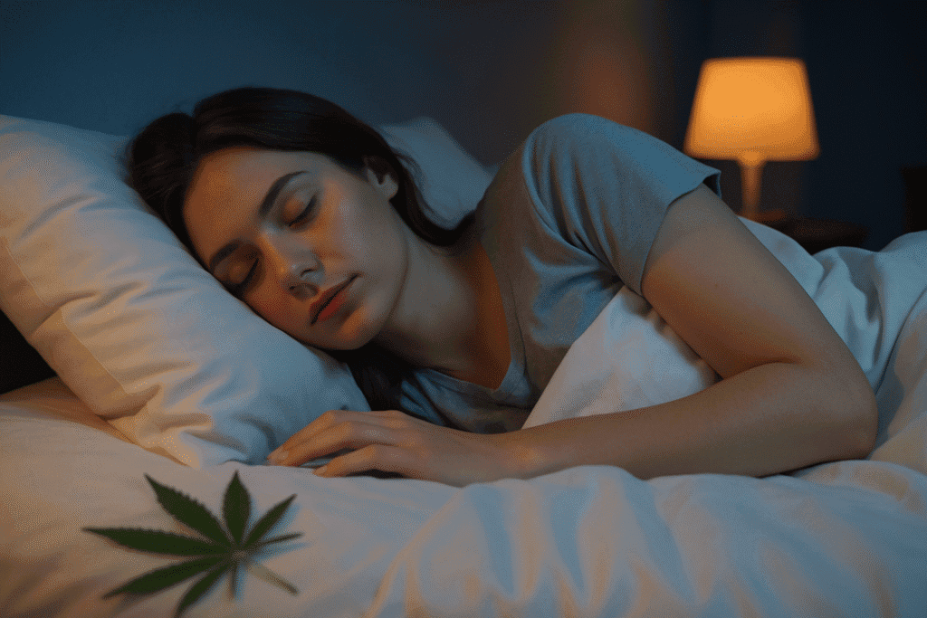 Kvinna sover lugnt i säng med cannabisblad på täcket, varm belysning i bakgrunden.