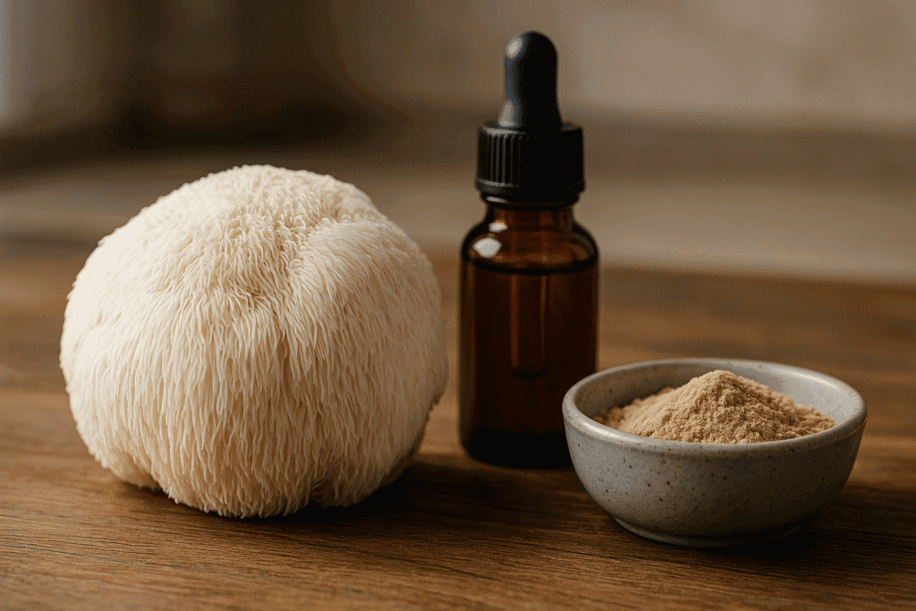 Lion’s Mane svamp med tinktur och pulver på träbord – naturligt kosttillskott för fokus och minne