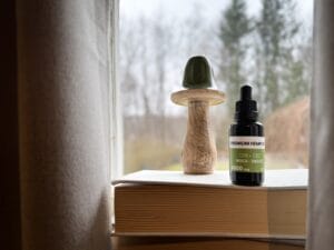 cbn oil standing on book with mushroom