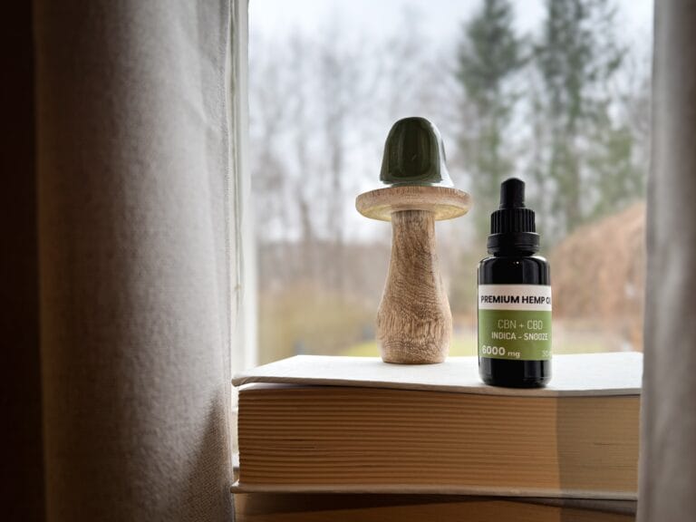 cbn oil standing on book with mushroom