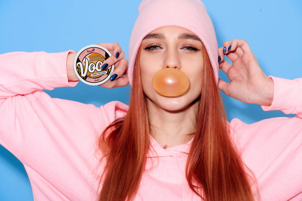 Voon Orange Bubblegum with girl chewing bubblegum