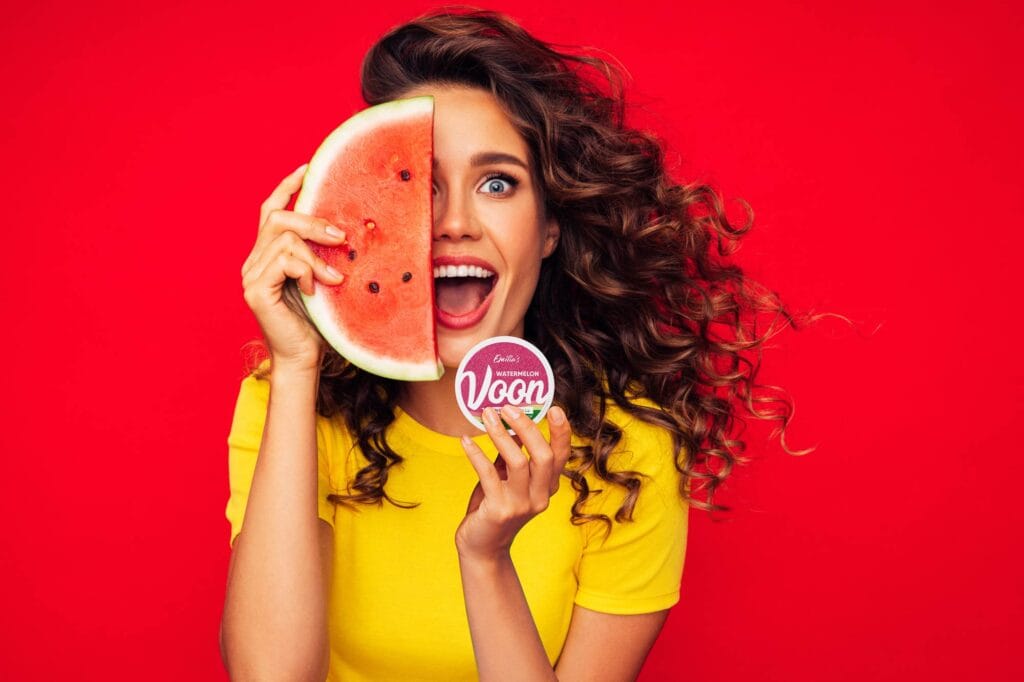 Voon Watermelon with girl holding a slice of watermelon