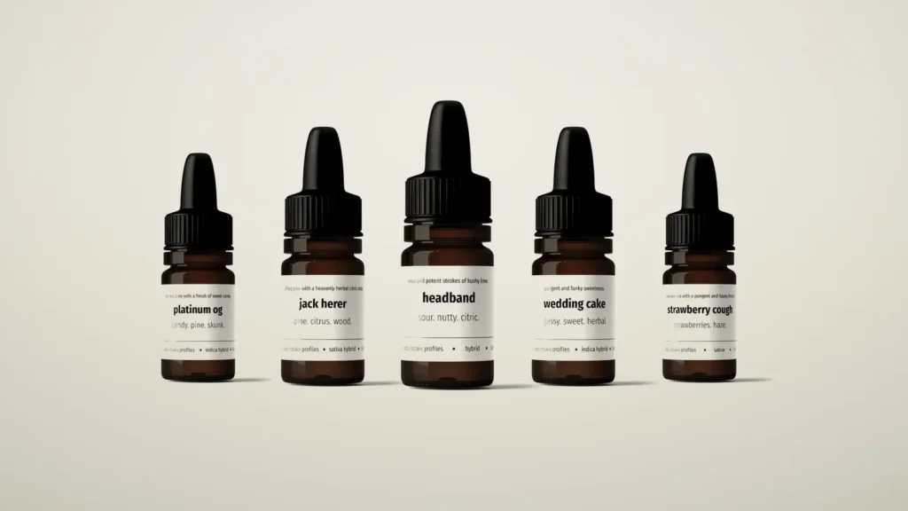 Fem flaskor terpenprofiler från Nordic Terpenes: Platinum OG, Jack Herer, Headband, Wedding Cake och Strawberry Cough