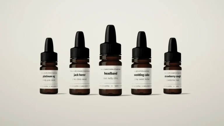 Fem flaskor terpenprofiler från Nordic Terpenes: Platinum OG, Jack Herer, Headband, Wedding Cake och Strawberry Cough