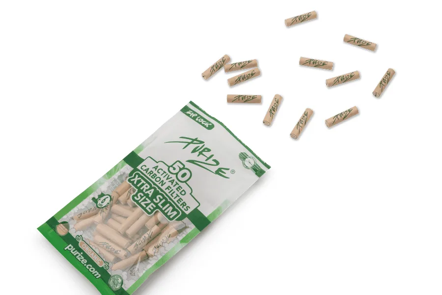 Öppen påse med Purize XTRA Slim kolfilter med keramiska ändar
