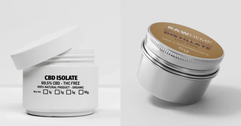 Burk med CBD-isolat bredvid en burk med bredspektrumdestillat från Raw Hemp