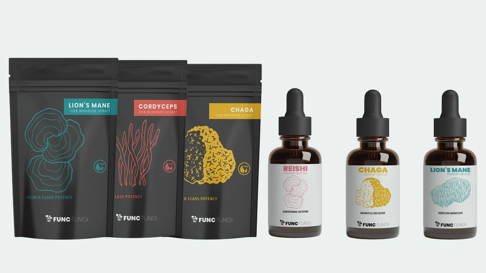 Func Fungi extrakt av Lion’s Mane, Cordyceps och Chaga och tinkturer av Reishi, Chaga och Lion’s Mane