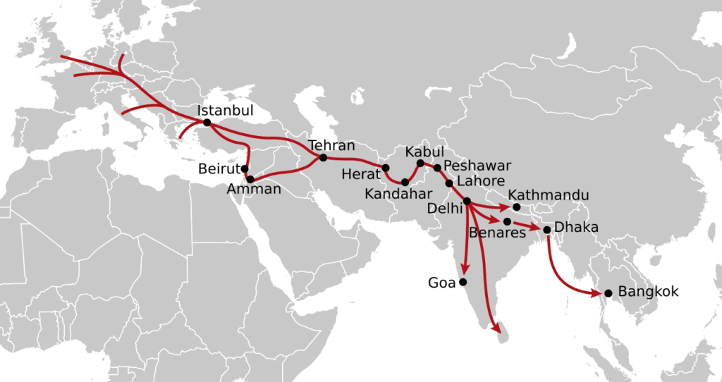 Karta över hippieleden från Europa via Istanbul, Teheran och Kabul till Indien och Nepal