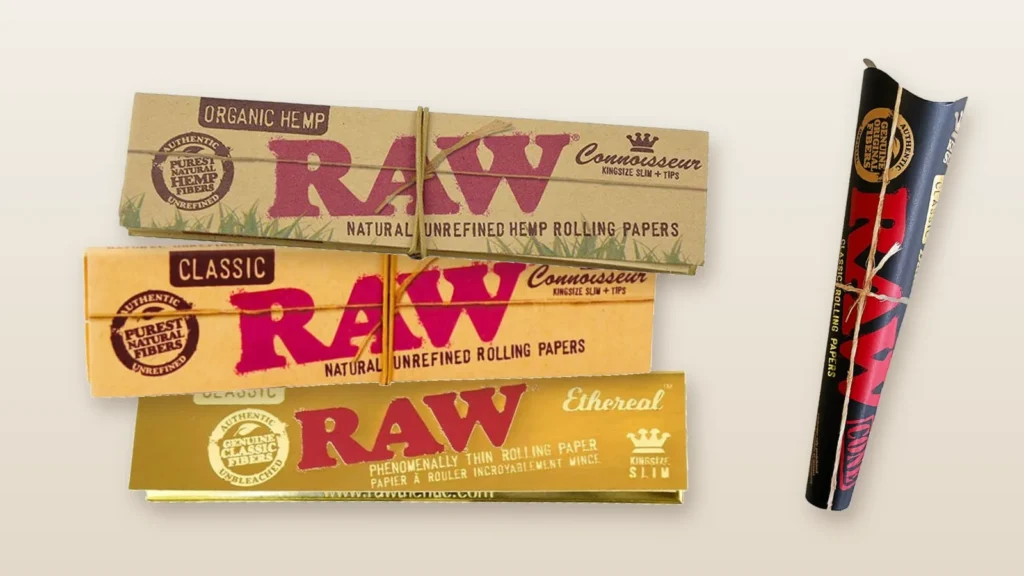 RAW Organic Hemp, Classic och Ethereal rullpapper samt en RAW Black cone