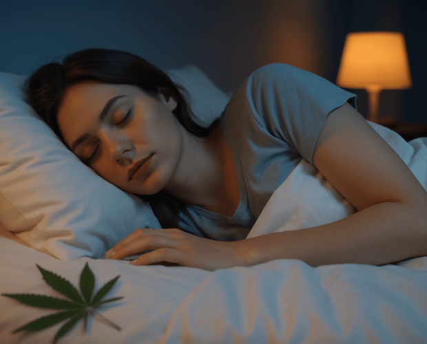 Kvinna sover lugnt i säng med cannabisblad på täcket, varm belysning i bakgrunden.