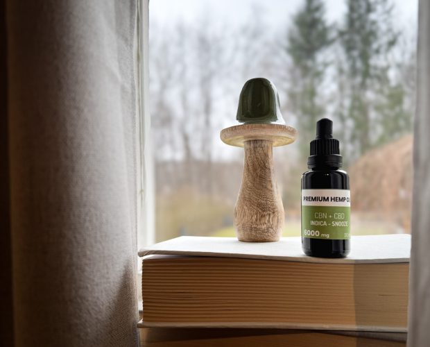 cbn oil standing on book with mushroom