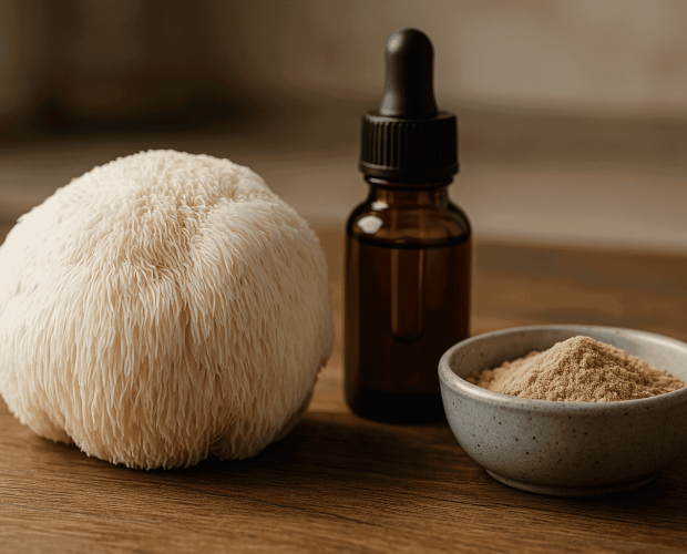 Lion’s Mane svamp med tinktur och pulver på träbord – naturligt kosttillskott för fokus och minne